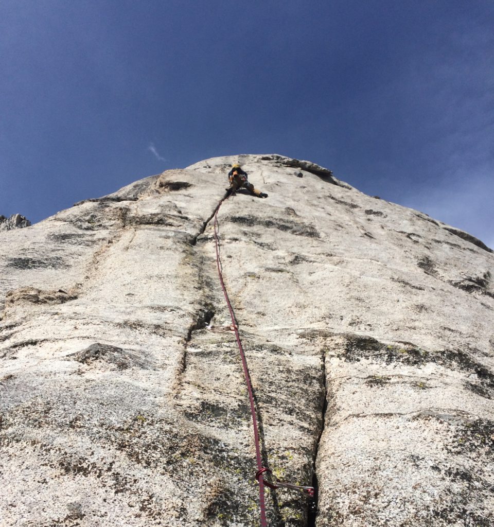 Riley leading slab on the Beckey Route